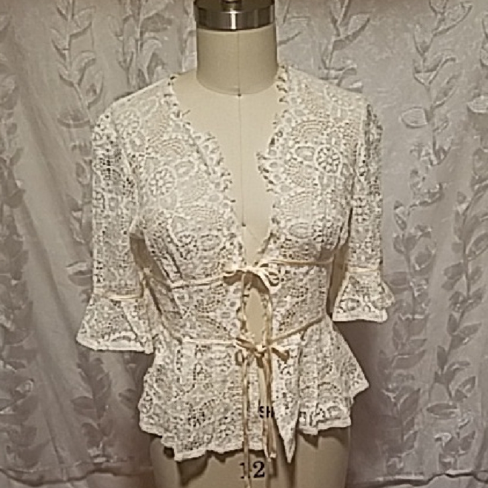 Romantic Cream Peplum Tie Front Blouse with Lace
